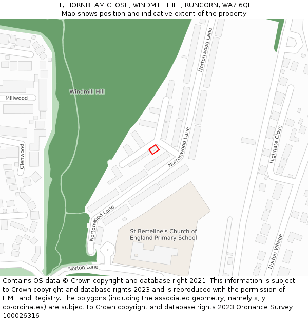 1, HORNBEAM CLOSE, WINDMILL HILL, RUNCORN, WA7 6QL: Location map and indicative extent of plot