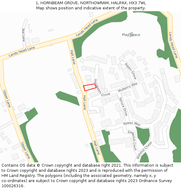 1, HORNBEAM GROVE, NORTHOWRAM, HALIFAX, HX3 7WL: Location map and indicative extent of plot