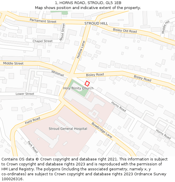 1, HORNS ROAD, STROUD, GL5 1EB: Location map and indicative extent of plot