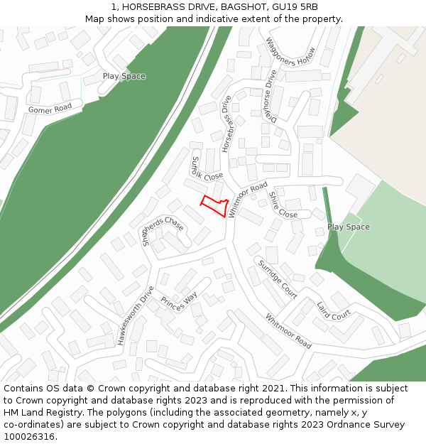 1, HORSEBRASS DRIVE, BAGSHOT, GU19 5RB: Location map and indicative extent of plot