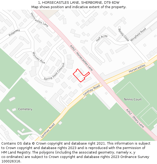 1, HORSECASTLES LANE, SHERBORNE, DT9 6DW: Location map and indicative extent of plot