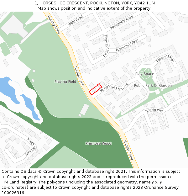 1, HORSESHOE CRESCENT, POCKLINGTON, YORK, YO42 1UN: Location map and indicative extent of plot