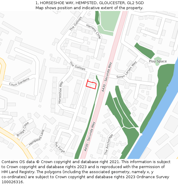 1, HORSESHOE WAY, HEMPSTED, GLOUCESTER, GL2 5GD: Location map and indicative extent of plot