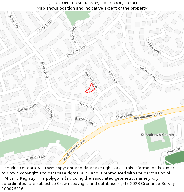 1, HORTON CLOSE, KIRKBY, LIVERPOOL, L33 4JE: Location map and indicative extent of plot