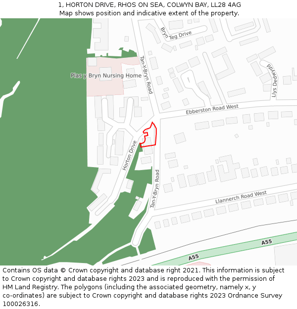 1, HORTON DRIVE, RHOS ON SEA, COLWYN BAY, LL28 4AG: Location map and indicative extent of plot