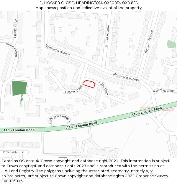 1, HOSKER CLOSE, HEADINGTON, OXFORD, OX3 8EN: Location map and indicative extent of plot