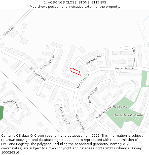 1, HOSKINGS CLOSE, STONE, ST15 8FS: Location map and indicative extent of plot