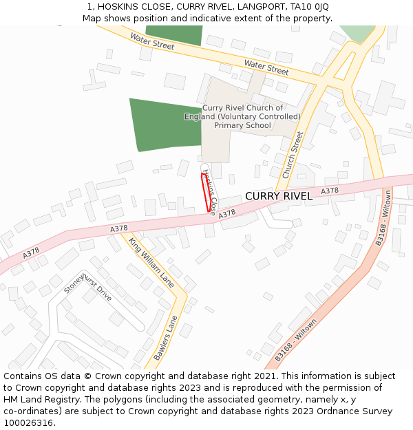 1, HOSKINS CLOSE, CURRY RIVEL, LANGPORT, TA10 0JQ: Location map and indicative extent of plot