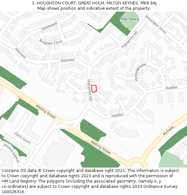 1, HOUGHTON COURT, GREAT HOLM, MILTON KEYNES, MK8 9AJ: Location map and indicative extent of plot