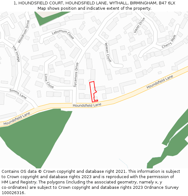 1, HOUNDSFIELD COURT, HOUNDSFIELD LANE, WYTHALL, BIRMINGHAM, B47 6LX: Location map and indicative extent of plot