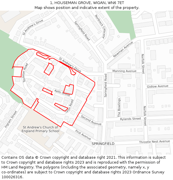 1, HOUSEMAN GROVE, WIGAN, WN6 7ET: Location map and indicative extent of plot