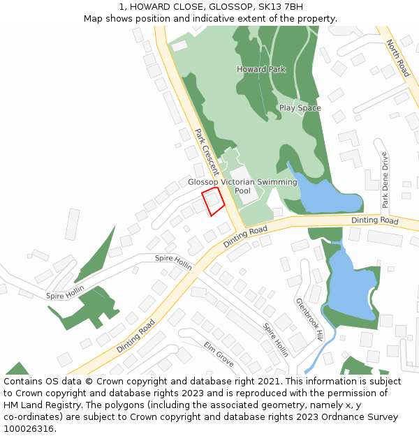 1, HOWARD CLOSE, GLOSSOP, SK13 7BH: Location map and indicative extent of plot