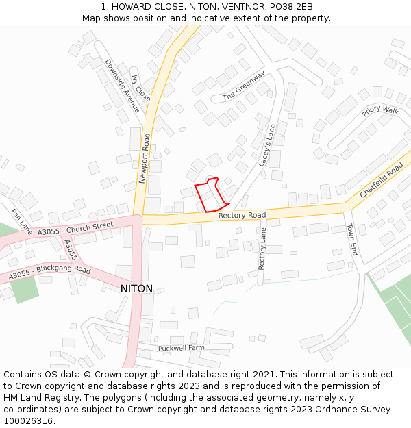 1, HOWARD CLOSE, NITON, VENTNOR, PO38 2EB: Location map and indicative extent of plot