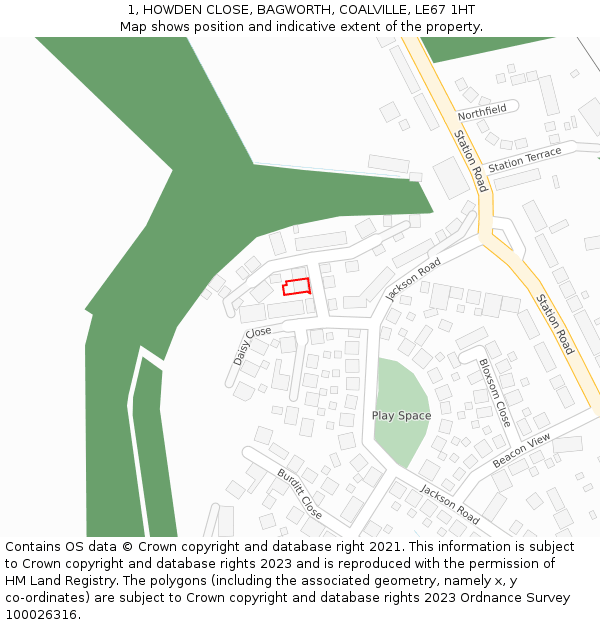 1, HOWDEN CLOSE, BAGWORTH, COALVILLE, LE67 1HT: Location map and indicative extent of plot
