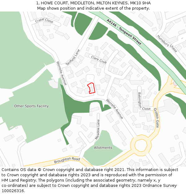 1, HOWE COURT, MIDDLETON, MILTON KEYNES, MK10 9HA: Location map and indicative extent of plot