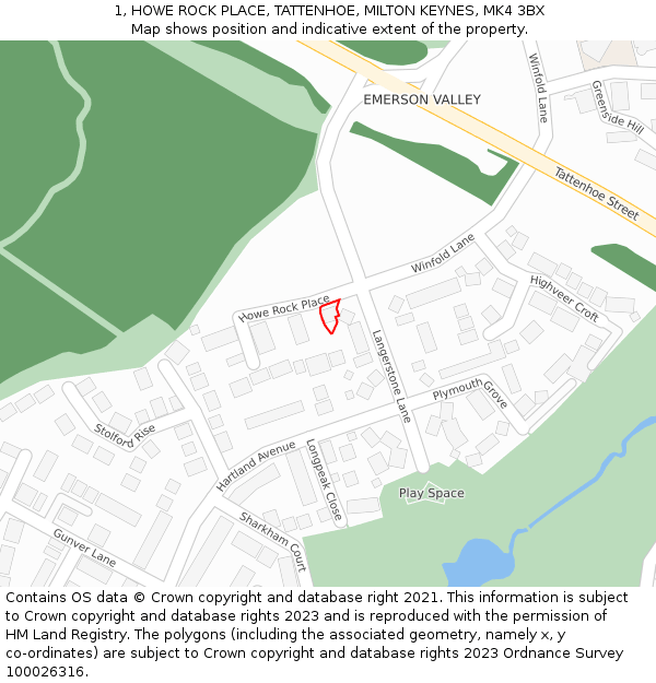 1, HOWE ROCK PLACE, TATTENHOE, MILTON KEYNES, MK4 3BX: Location map and indicative extent of plot