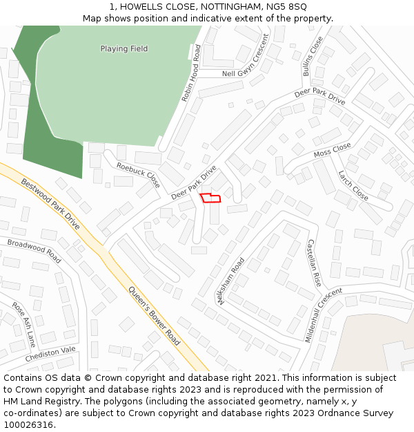 1, HOWELLS CLOSE, NOTTINGHAM, NG5 8SQ: Location map and indicative extent of plot