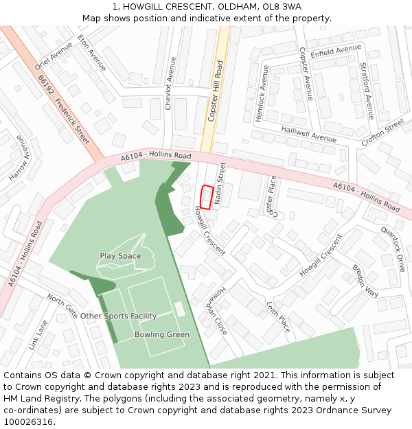 1, HOWGILL CRESCENT, OLDHAM, OL8 3WA: Location map and indicative extent of plot