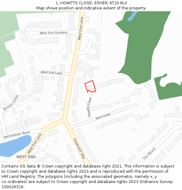 1, HOWITTS CLOSE, ESHER, KT10 8LX: Location map and indicative extent of plot