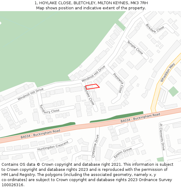 1, HOYLAKE CLOSE, BLETCHLEY, MILTON KEYNES, MK3 7RH: Location map and indicative extent of plot