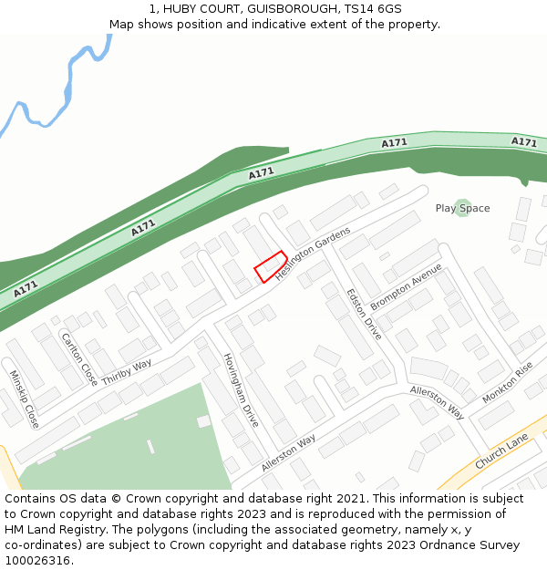 1, HUBY COURT, GUISBOROUGH, TS14 6GS: Location map and indicative extent of plot