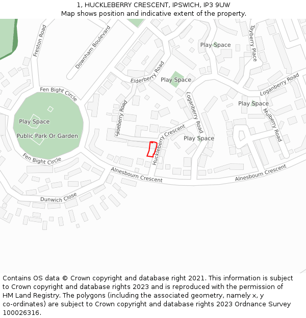 1, HUCKLEBERRY CRESCENT, IPSWICH, IP3 9UW: Location map and indicative extent of plot