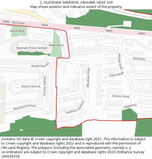 1, HUDSHAW GARDENS, HEXHAM, NE46 1HY: Location map and indicative extent of plot