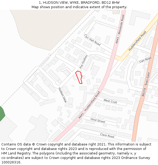 1, HUDSON VIEW, WYKE, BRADFORD, BD12 8HW: Location map and indicative extent of plot