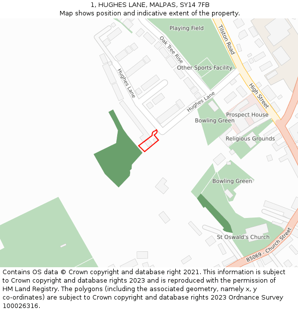 1, HUGHES LANE, MALPAS, SY14 7FB: Location map and indicative extent of plot