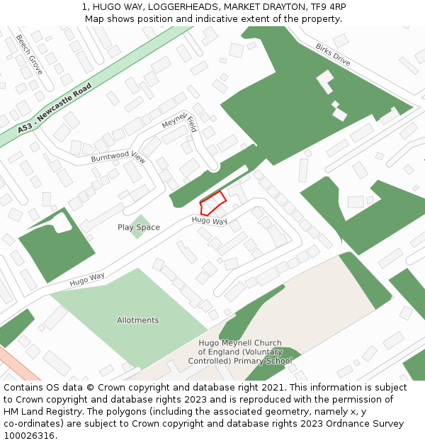 1, HUGO WAY, LOGGERHEADS, MARKET DRAYTON, TF9 4RP: Location map and indicative extent of plot