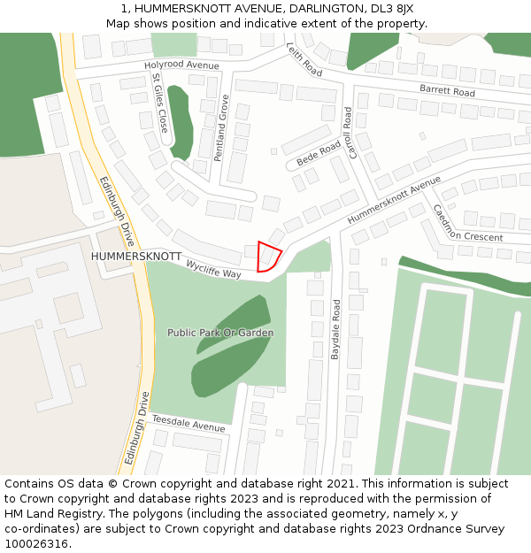 1, HUMMERSKNOTT AVENUE, DARLINGTON, DL3 8JX: Location map and indicative extent of plot