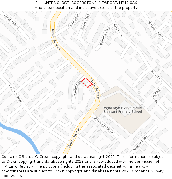 1, HUNTER CLOSE, ROGERSTONE, NEWPORT, NP10 0AX: Location map and indicative extent of plot