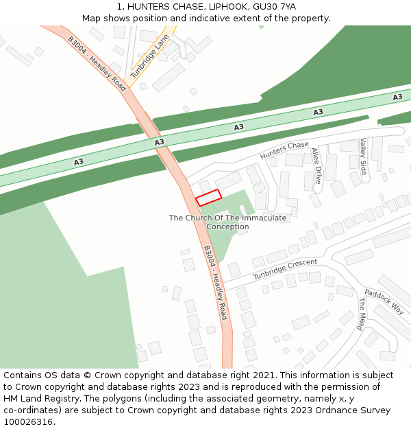 1, HUNTERS CHASE, LIPHOOK, GU30 7YA: Location map and indicative extent of plot