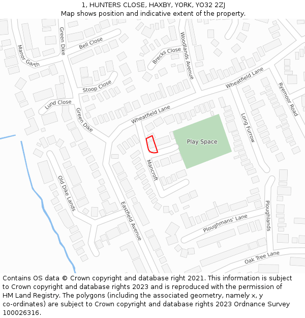 1, HUNTERS CLOSE, HAXBY, YORK, YO32 2ZJ: Location map and indicative extent of plot