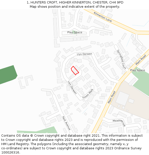 1, HUNTERS CROFT, HIGHER KINNERTON, CHESTER, CH4 9PD: Location map and indicative extent of plot