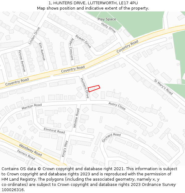 1, HUNTERS DRIVE, LUTTERWORTH, LE17 4PU: Location map and indicative extent of plot