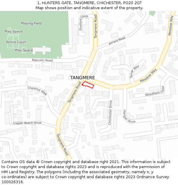 1, HUNTERS GATE, TANGMERE, CHICHESTER, PO20 2GT: Location map and indicative extent of plot