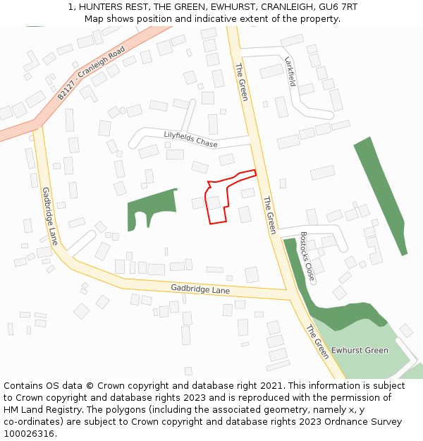 1, HUNTERS REST, THE GREEN, EWHURST, CRANLEIGH, GU6 7RT: Location map and indicative extent of plot