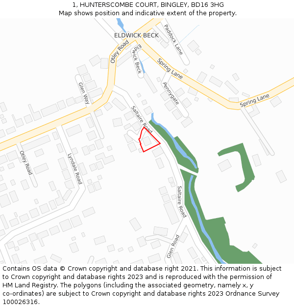 1, HUNTERSCOMBE COURT, BINGLEY, BD16 3HG: Location map and indicative extent of plot