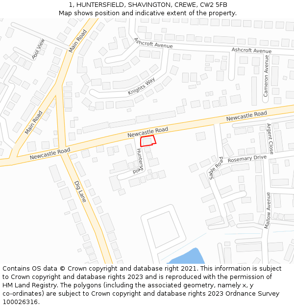1, HUNTERSFIELD, SHAVINGTON, CREWE, CW2 5FB: Location map and indicative extent of plot