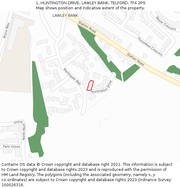 1, HUNTINGTON DRIVE, LAWLEY BANK, TELFORD, TF4 2PS: Location map and indicative extent of plot