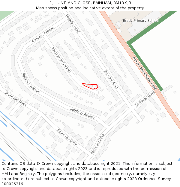 1, HUNTLAND CLOSE, RAINHAM, RM13 9JB: Location map and indicative extent of plot