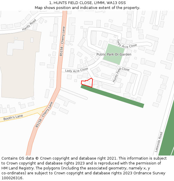 1, HUNTS FIELD CLOSE, LYMM, WA13 0SS: Location map and indicative extent of plot
