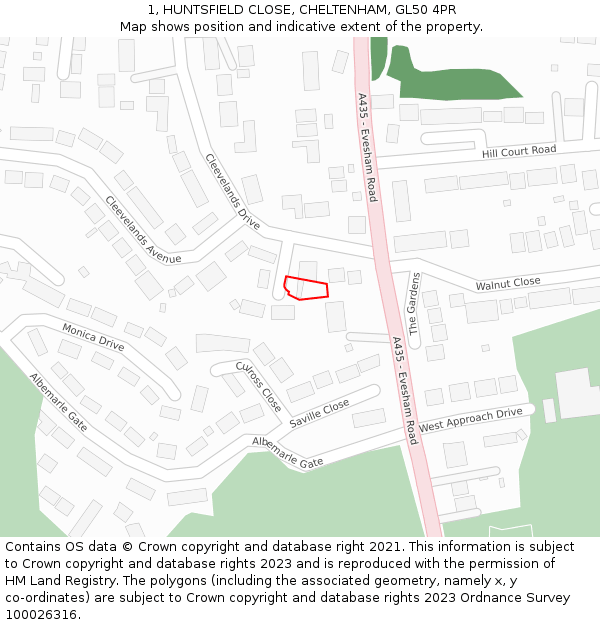 1, HUNTSFIELD CLOSE, CHELTENHAM, GL50 4PR: Location map and indicative extent of plot