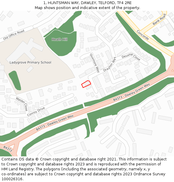 1, HUNTSMAN WAY, DAWLEY, TELFORD, TF4 2RE: Location map and indicative extent of plot