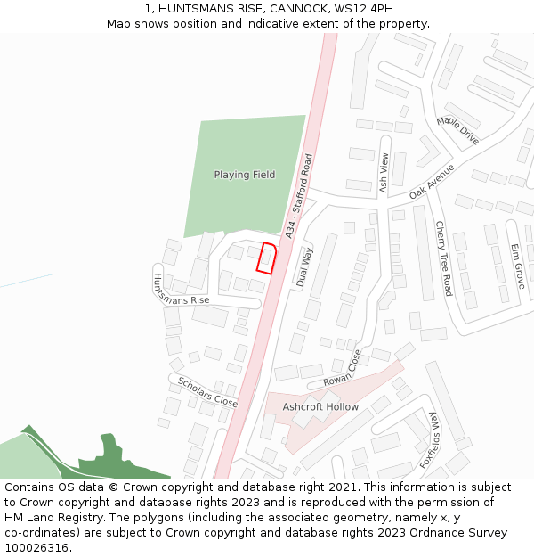 1, HUNTSMANS RISE, CANNOCK, WS12 4PH: Location map and indicative extent of plot