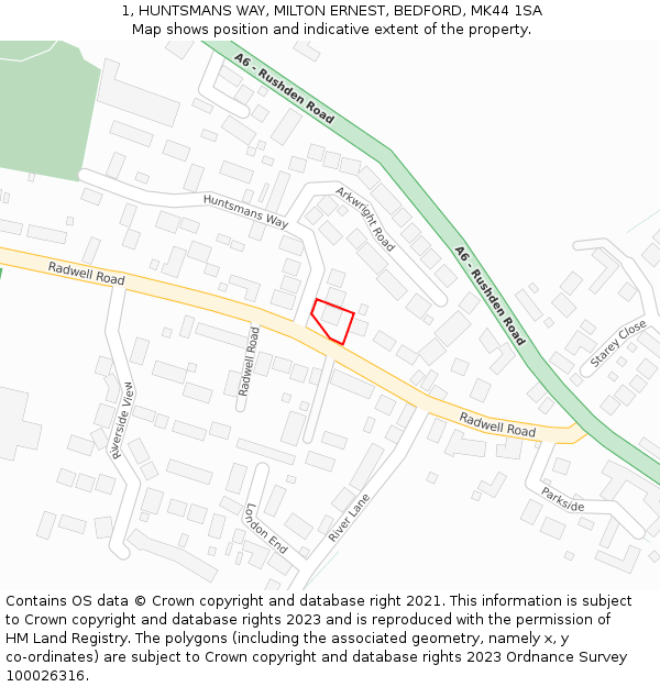 1, HUNTSMANS WAY, MILTON ERNEST, BEDFORD, MK44 1SA: Location map and indicative extent of plot
