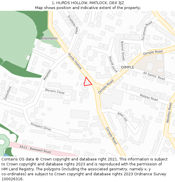 1, HURDS HOLLOW, MATLOCK, DE4 3JZ: Location map and indicative extent of plot