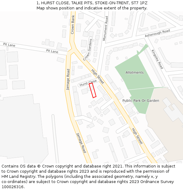 1, HURST CLOSE, TALKE PITS, STOKE-ON-TRENT, ST7 1PZ: Location map and indicative extent of plot