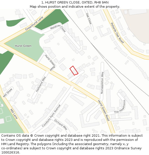 1, HURST GREEN CLOSE, OXTED, RH8 9AN: Location map and indicative extent of plot